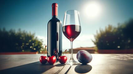Red wine bottle beside filled glass with cherries and plum on outdoor surface, clear blue sky backdrop, showcasing wine tasting, outdoor dining, or food photography elements,, wide angle