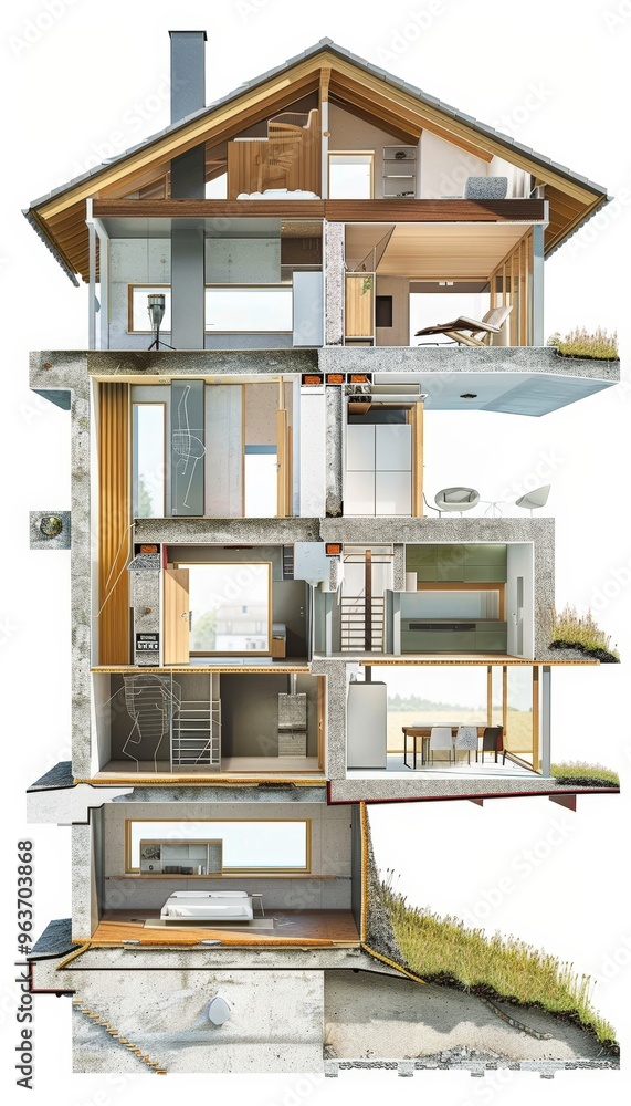 Poster cross sectional diagram of a passive house with insulation and energy efficient components for educa