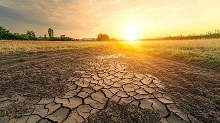 Cracked, dry earth in a once-thriving agricultural field under a sun-scorched sky, symbolizing severe drought conditions caused by climate change.