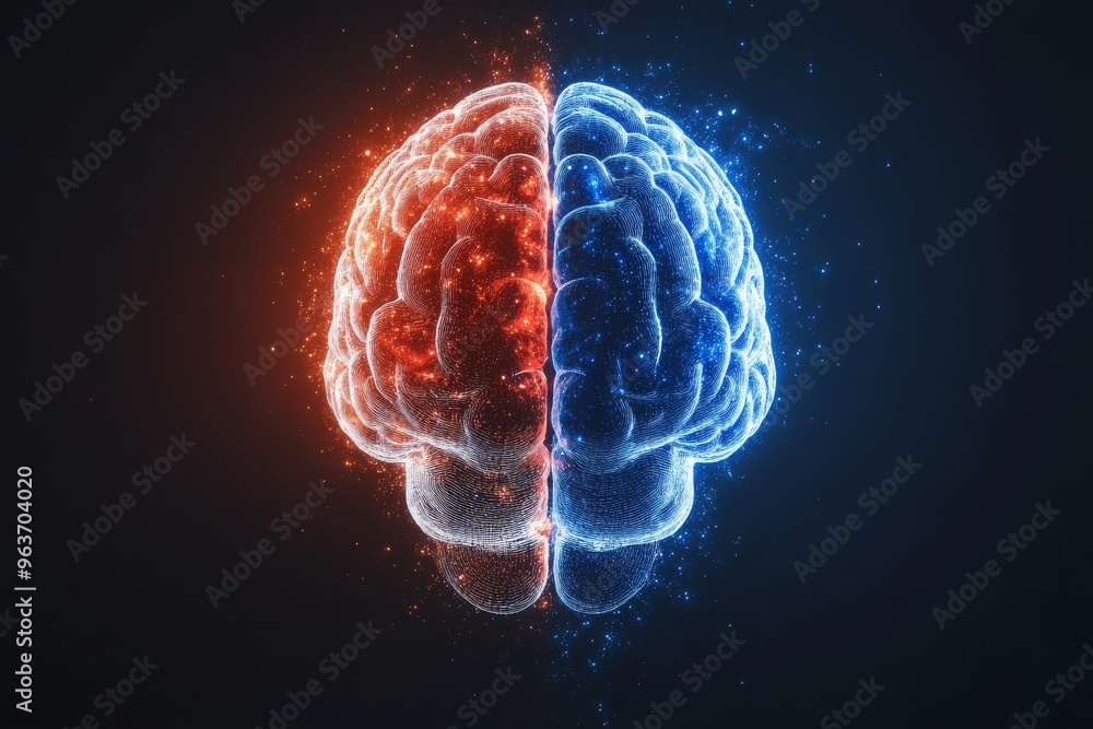 Poster neuronal endurance social neural dynamics half glowing human brain with split blue and red effects s