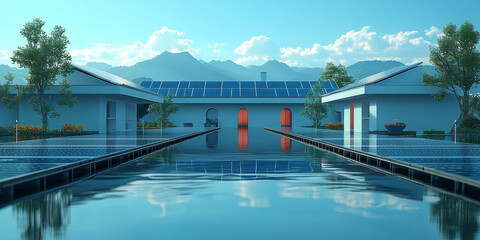 Obraz premium Modern home with solar panels and a reflecting pool.