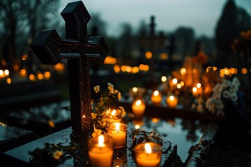 TARNOW, POLAND - NOVEMBER 01, 2017: Candles on the grave glowing in the dark around cross-relief. All Saints Day festival celebrated on a rainy day at the Old Cemetery, generative ai