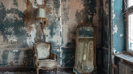 Antique mirror and chair are in the room