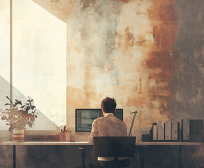 Man Working in Office with Sunlight and Plants