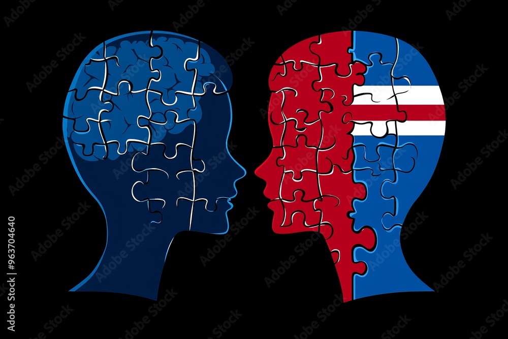 Poster brain potential mental synchronization silhouettes of two heads with a puzzle and flag motif symboli