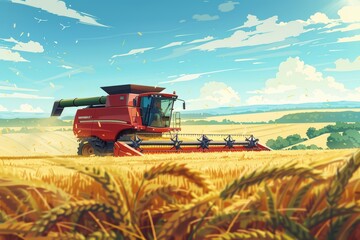 Obraz premium Efficient Combine Harvester Operating in a Large Wheat Field Under a Clear Sky - Agricultural Technology