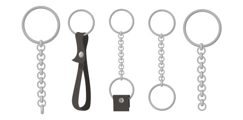 Collection Of Realistic Key Rings With Chain Vector Illustration.	