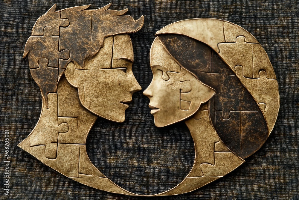 Poster neural potential mental synchronization artistic puzzle heart with two human faces symbolizing love 