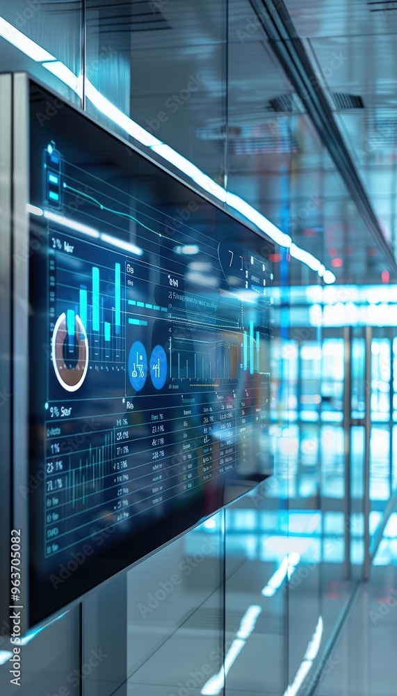 Poster digital dashboard displaying real-time energy use and climate control in a high-tech commercial buil