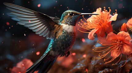 Obraz premium Hummingbird flying to pick up nectar from a beautiful flower. Digital artwork