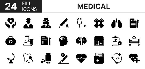 Collection of 24 medical fill icons featuring editable strokes. These outline icons depict various modes of medical, hospital, patient, medicine, pharmacy, nurse, 