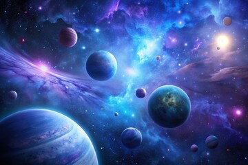 Fototapeta premium Cosmic landscape of stars, planets, and nebulas, in a palette of deep blues and purples, with a sense of depth and dimensionality achieved through subtle texture and gradient effects.