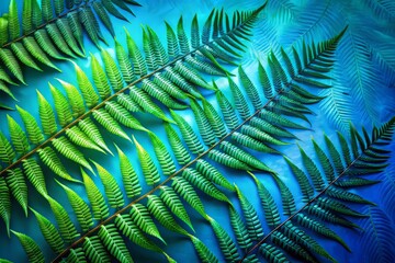 A stylized, abstract take on the fern motif, featuring bold, graphic fronds in shades of green and blue, set against a vibrant, electric blue background with crisp lines and minimal shading.