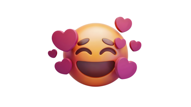 A 3D rendered smiling emoji surrounded by pink hearts, conveying feelings of love and happiness.
