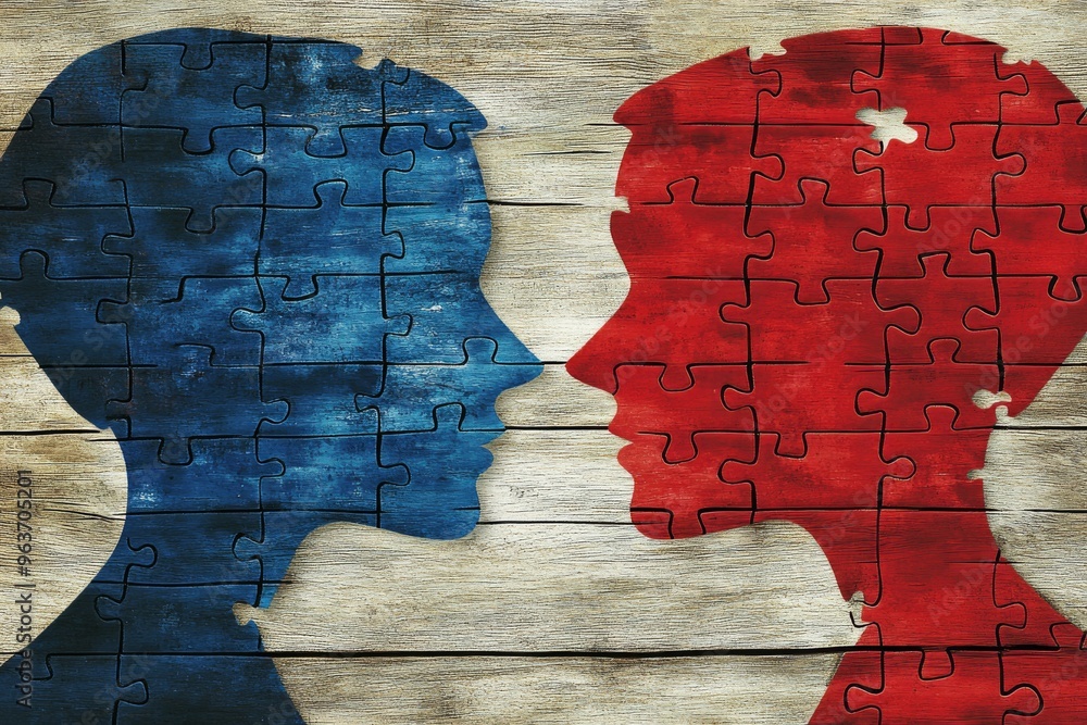 Poster brain aptitude mental synchronization puzzle textured profiles in red and blue tones symbolizing the