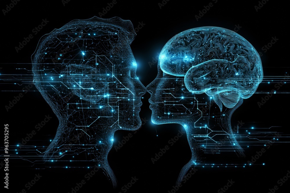 Poster neuronal intelligence mental synchronization digital wireframe heads facing each other with glowing 