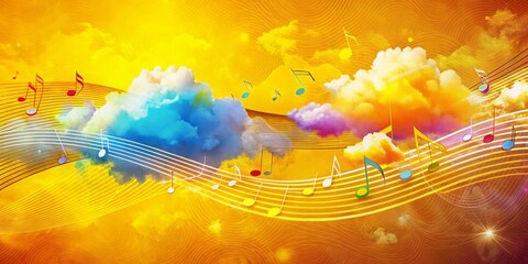 Obraz premium A vibrant and colorful illustration of melodic patterns, depicted as swirling clouds of sound, set against a bright yellow background with subtle texture and grain effects.