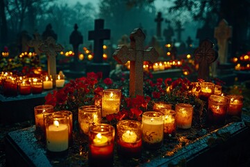 TARNOW, POLAND - NOVEMBER 01, 2017: Candles on the grave glowing in the dark around cross-relief. All Saints Day festival celebrated on a rainy day at the Old Cemetery, generative ai