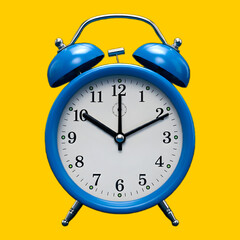 Retro Blue Alarm Clock The image features a retro-style blue alarm clock set against a vibrant yellow background. The clock has a classic design with twin bells on top and a round face displaying 