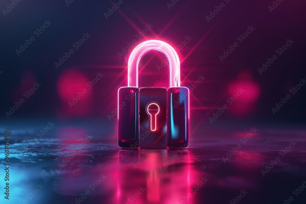 Poster a glowing padlock symbolizing security and protection rendered in neon style against a dark backgrou