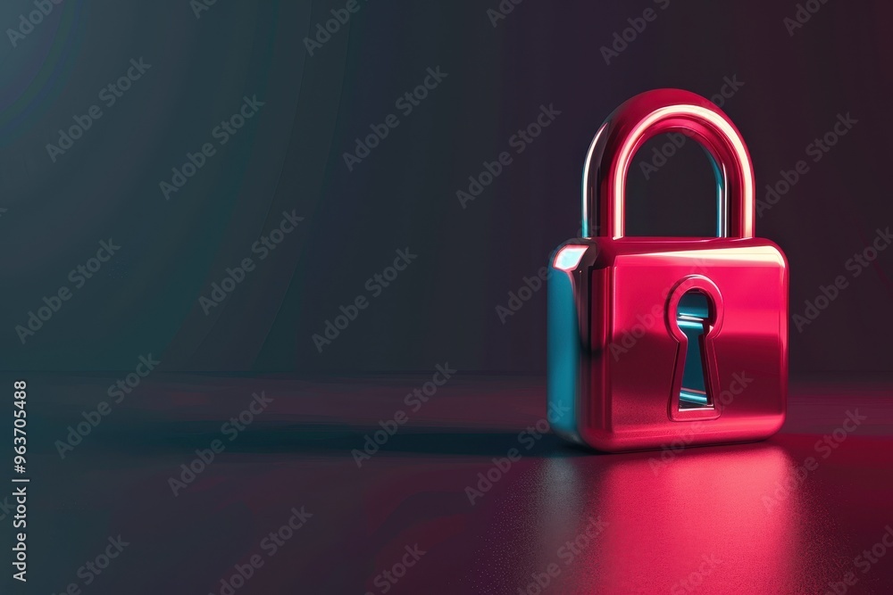 Fototapete A glowing padlock symbolizing security and protection rendered in neon style against a dark background, emphasizing modern digital safety concepts
