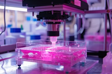 Advanced laboratory equipment conducting experiments with petri dishes under vibrant red and blue lighting in a high tech workspace