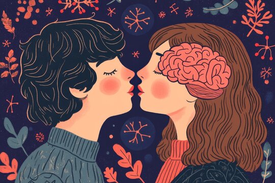 Neural cognition Mental synchronization Artistic illustration of a couple with brains exposed symbolizing the exchange of thoughts intimacy and intellectual compatibility