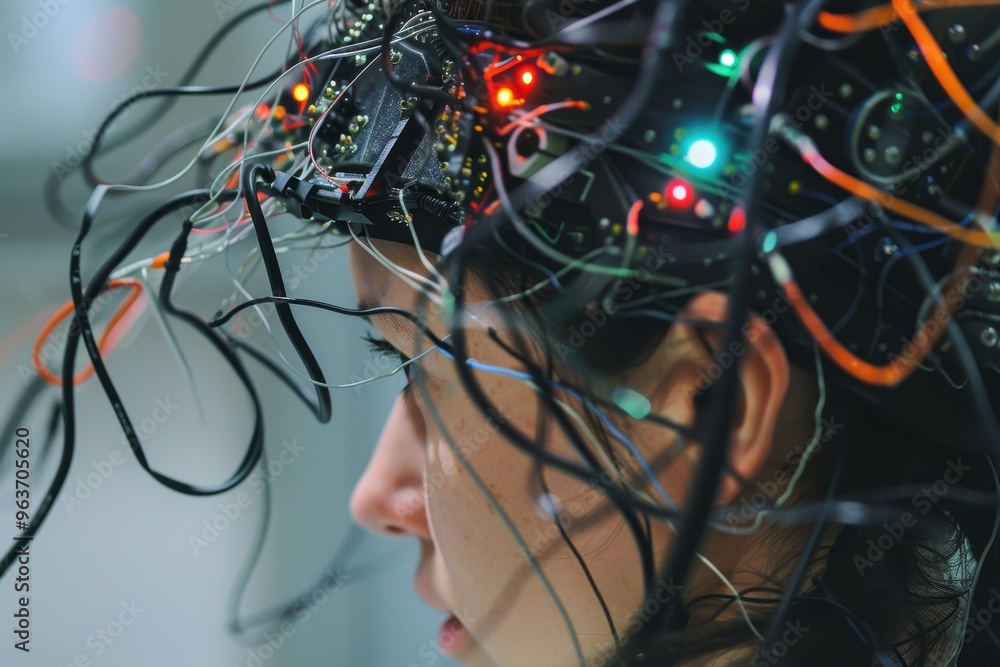 Leinwandbilder A glowing futuristic brain model interconnected with electronic circuits and glowing lights, representing advancements in technology and artificial intelligence