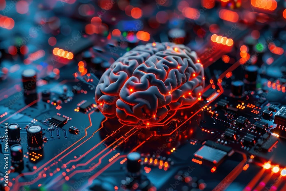 Fototapete A glowing futuristic brain model interconnected with electronic circuits and glowing lights, representing advancements in technology and artificial intelligence
