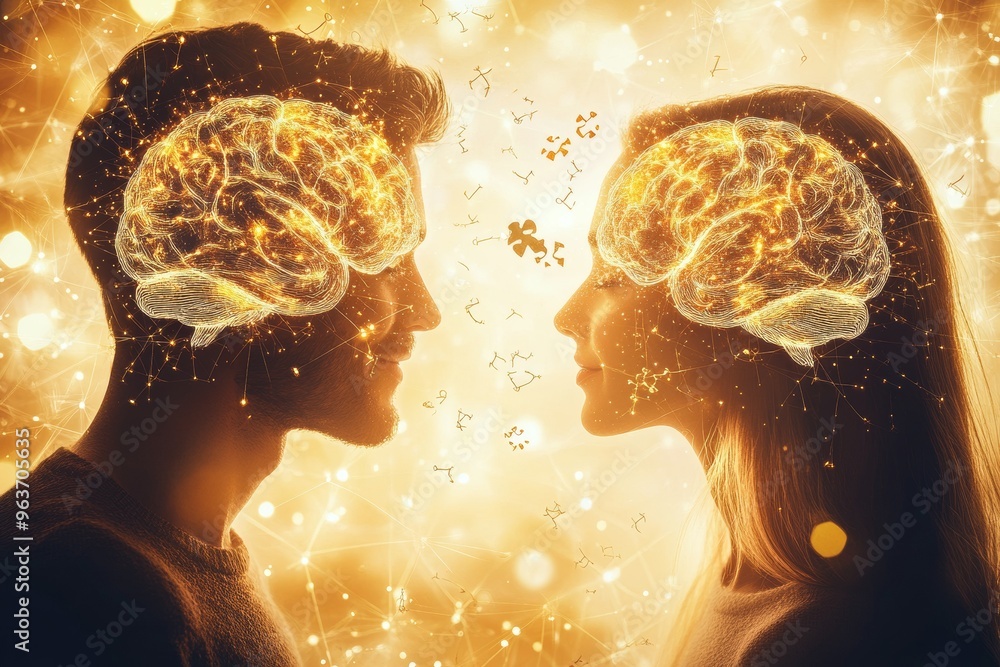 Poster cognitive stamina mental synchronization couple with glowing brains in a golden setting symbolizing 