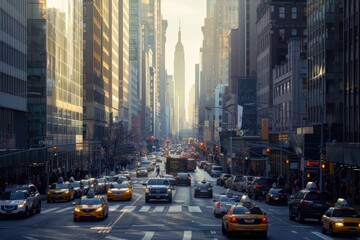 Fototapeta premium A panoramic view of a bustling city skyline at sunset with clouds reflecting sunlight over tall buildings and busy streets below