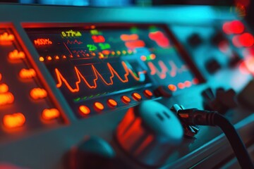 Close-up of sound control panel with colorful audio waveforms and knobs at a recording studio during a late-night mixing session