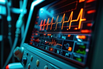 Close-up of sound control panel with colorful audio waveforms and knobs at a recording studio during a late-night mixing session