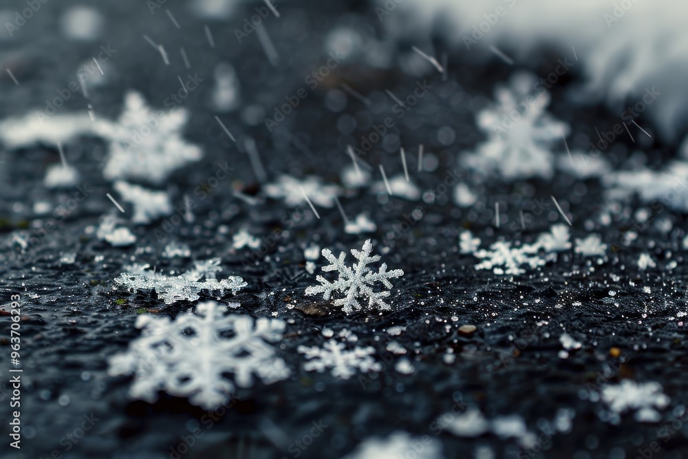 Poster Macro shot of snowflakes falling on the ground with blurred bokeh lights in the background.
