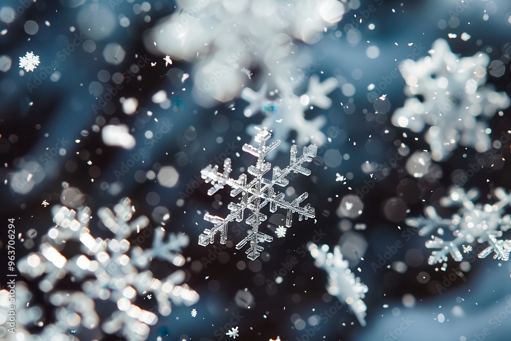 Poster Macro shot of snowflakes falling on the ground with blurred bokeh lights in the background.