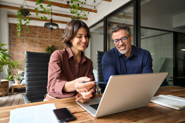 Business team of two executives working together using laptop in office. Happy young business woman...