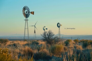 Windmills standing tall in a serene landscape at sunset, capturing the beauty of rural life in the calm evening light of the plains