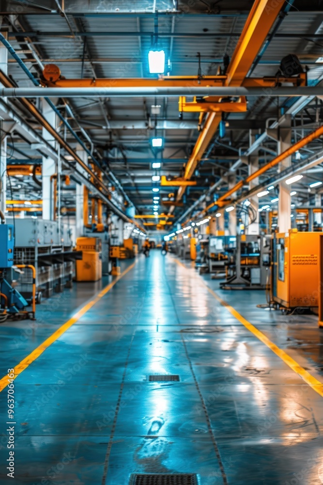 Poster modern factory floor with energy-efficient led lighting for enhanced visibility and safety