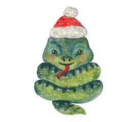 Cute watercolor painting green snake in red Christmas Santa hat. Childish New Year watercolour reptile illustration for greeting card design, banner, nursery sticker, holiday poster