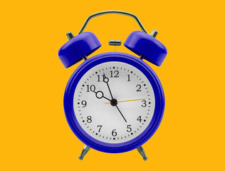Retro Blue Alarm Clock The image features a retro-style blue alarm clock set against a vibrant yellow background. The clock has a classic design with twin bells on top and a round face displaying 