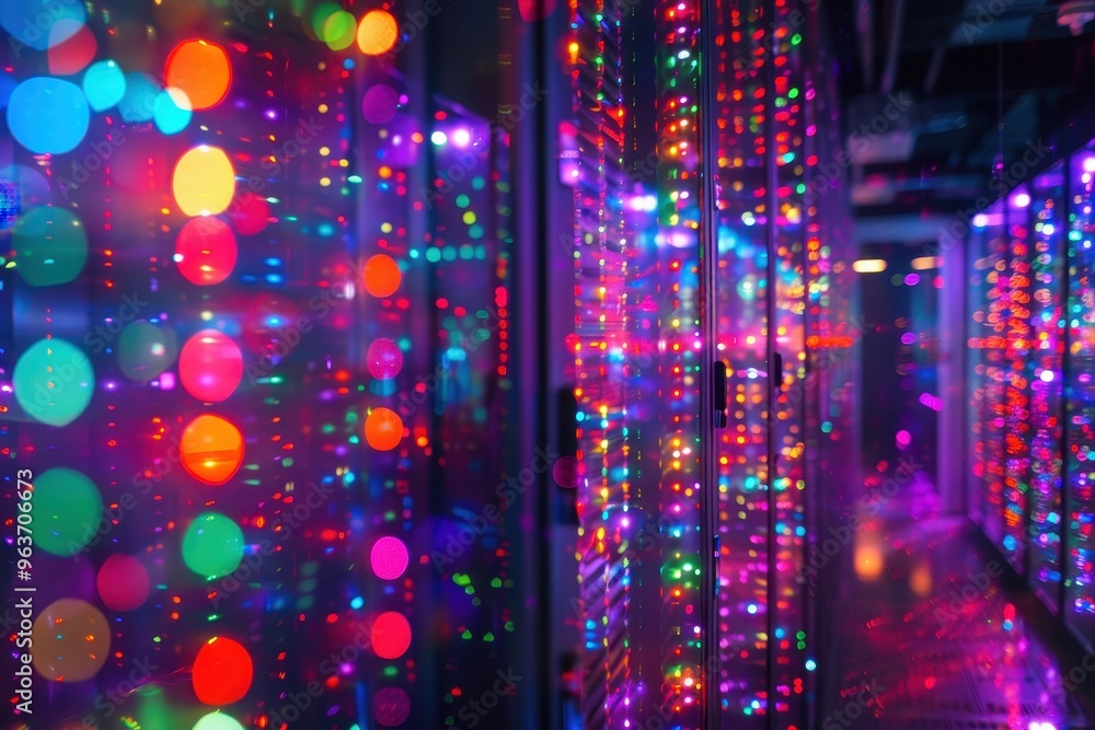 Aufkleber colorful led lights reflecting on mirrored surfaces in a modern tech space during nighttime, creatin