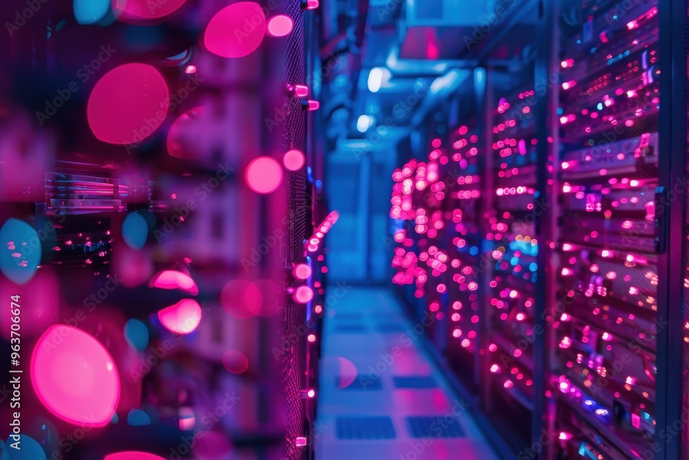 Poster colorful led lights reflecting on mirrored surfaces in a modern tech space during nighttime, creatin