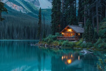 Fototapeta premium Cozy cabin by the serene lake surrounded by autumn foliage during twilight near a forested area