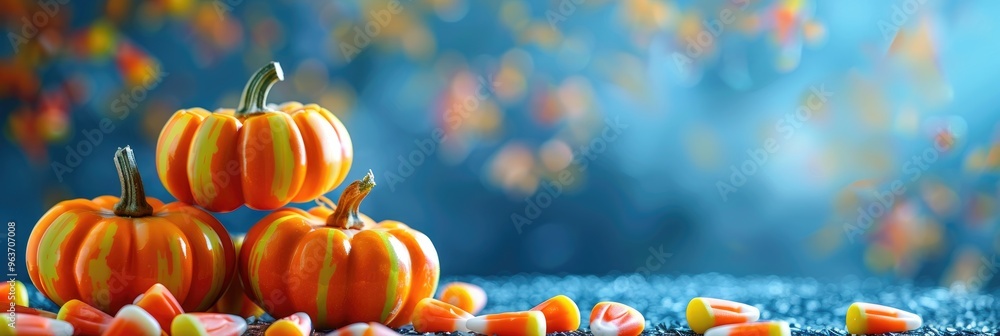 Wall mural Candy corn and pumpkins arranged in a stacked formation for Halloween.