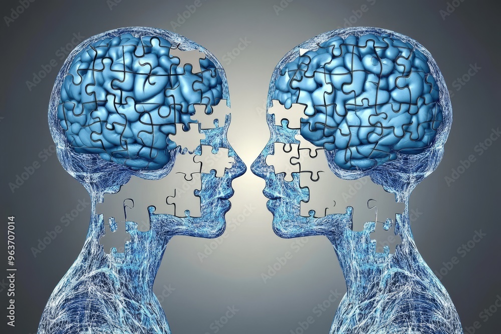 Aufkleber brain aptitude brain based communication blue puzzle head profiles facing each other representing th