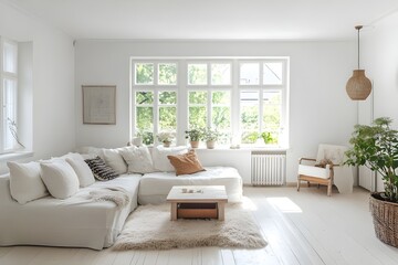 Airy living room with featuring white walls, light wooden floors, and simple, functional furniture.
