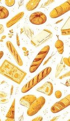 Pattern of Breads, Baguettes, and Pastries on White Background with Copy Space for Text