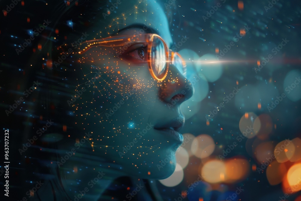 Poster a futuristic cityscape featuring a womans profile with glowing digital elements during twilight, sho