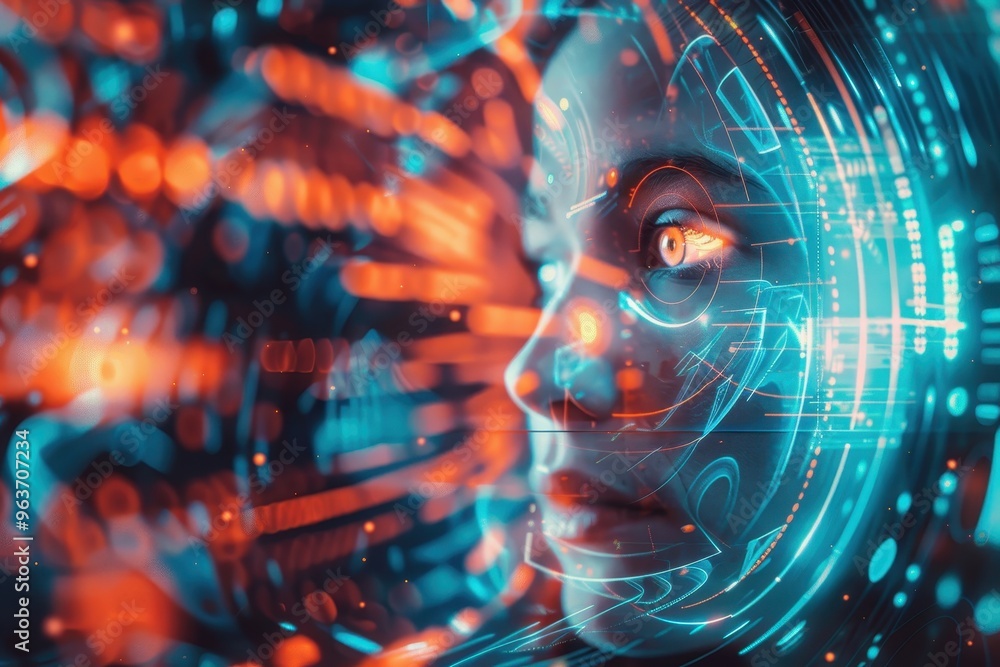 Poster a futuristic cityscape featuring a womans profile with glowing digital elements during twilight, sho
