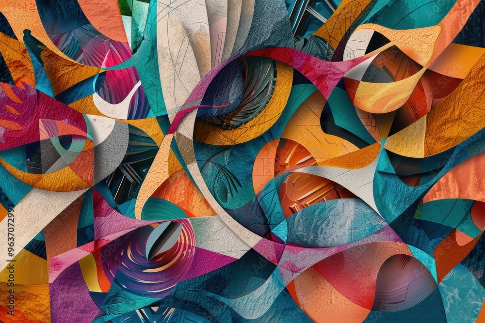 Poster An abstract artwork featuring vibrant colors and intricate forms, showcasing a blend of textures and shapes in a harmonious composition